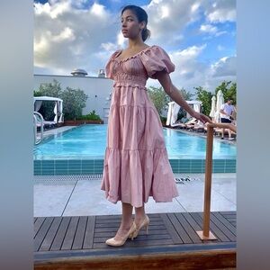 En Saison Cotton Blush Pink Puff Sleeve Poplin Ruffle Tiered Midi Dress Size L
